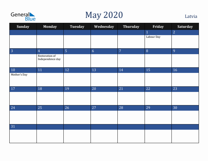 May 2020 Latvia Calendar (Sunday Start)
