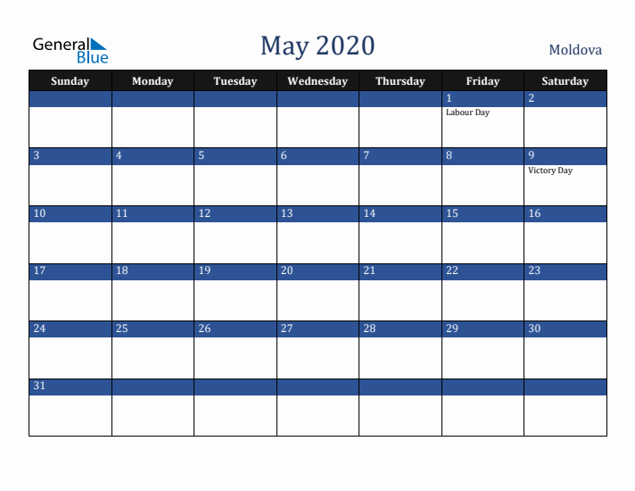May 2020 Moldova Calendar (Sunday Start)