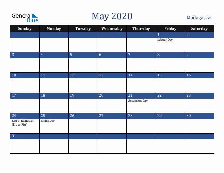 May 2020 Madagascar Calendar (Sunday Start)