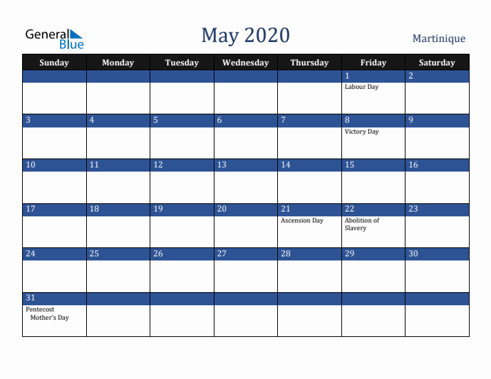 May 2020 Martinique Calendar (Sunday Start)