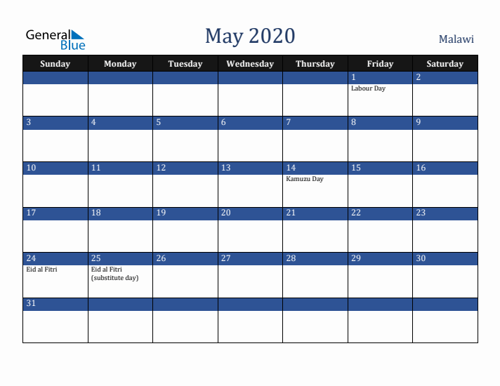 May 2020 Malawi Calendar (Sunday Start)