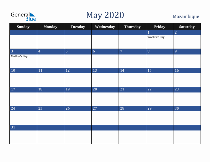May 2020 Mozambique Calendar (Sunday Start)