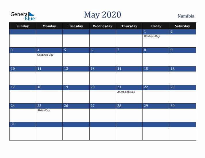 May 2020 Namibia Calendar (Sunday Start)