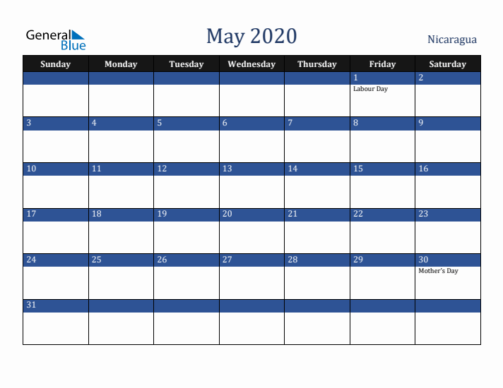 May 2020 Nicaragua Calendar (Sunday Start)