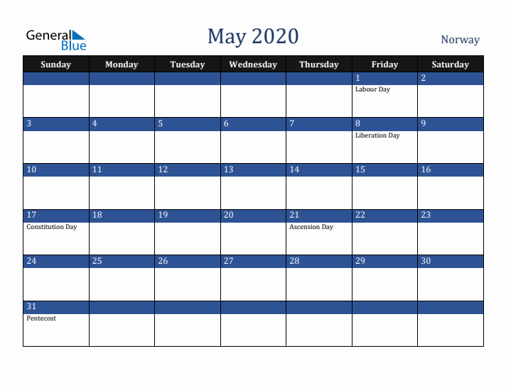 May 2020 Norway Calendar (Sunday Start)