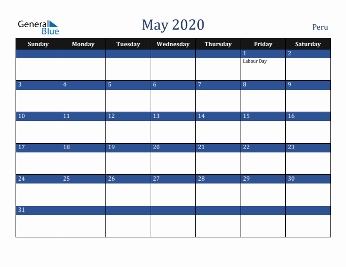 May 2020 Peru Calendar (Sunday Start)