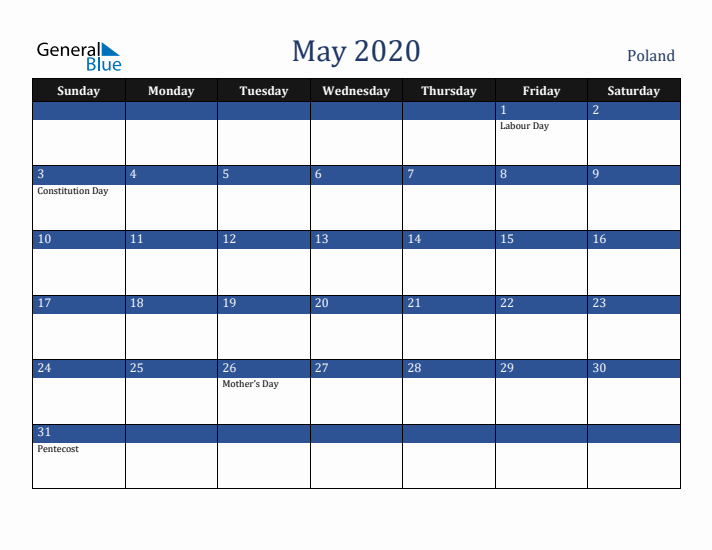 May 2020 Poland Calendar (Sunday Start)