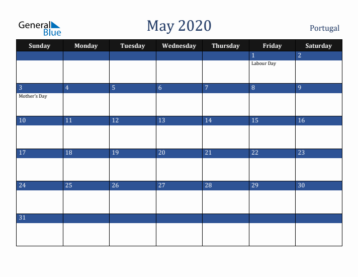 May 2020 Portugal Calendar (Sunday Start)