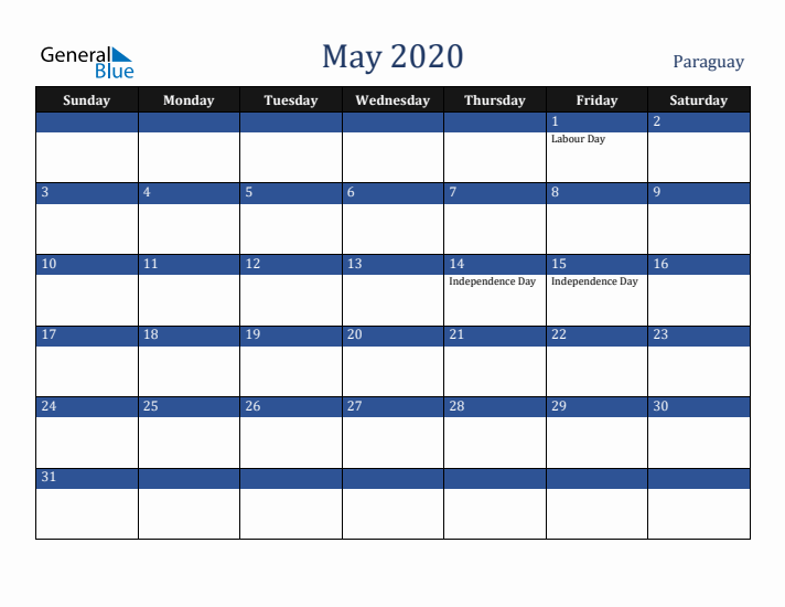 May 2020 Paraguay Calendar (Sunday Start)