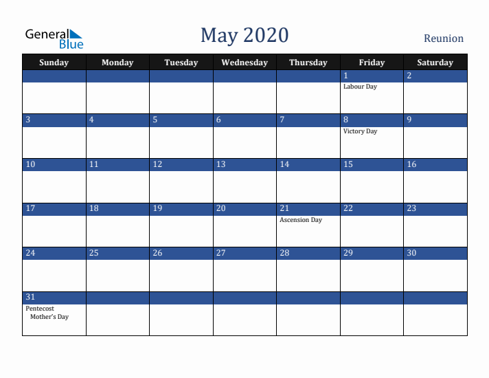 May 2020 Reunion Calendar (Sunday Start)