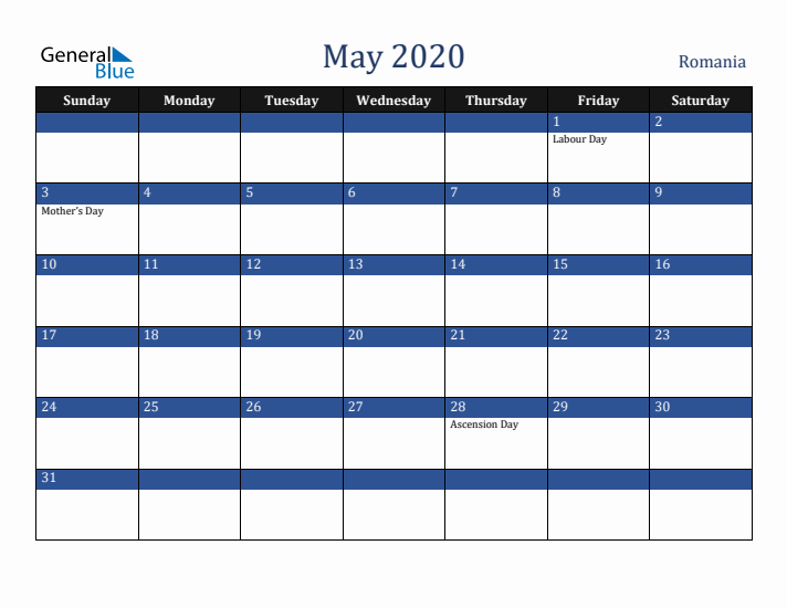 May 2020 Romania Calendar (Sunday Start)