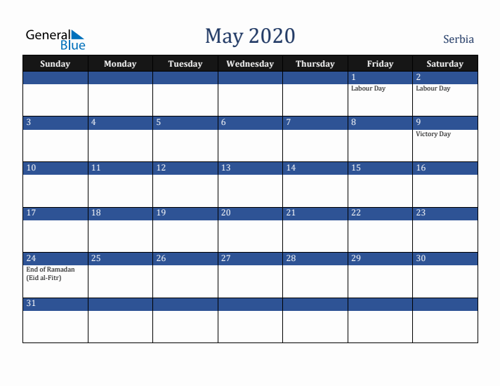 May 2020 Serbia Calendar (Sunday Start)