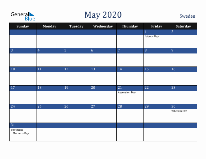 May 2020 Sweden Calendar (Sunday Start)