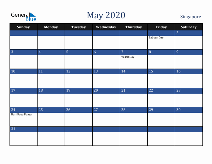 May 2020 Singapore Calendar (Sunday Start)