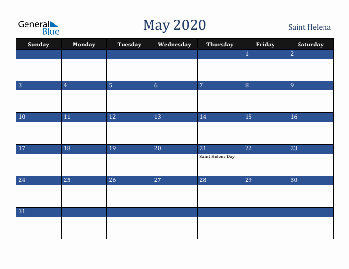May 2020 Saint Helena Calendar (Sunday Start)