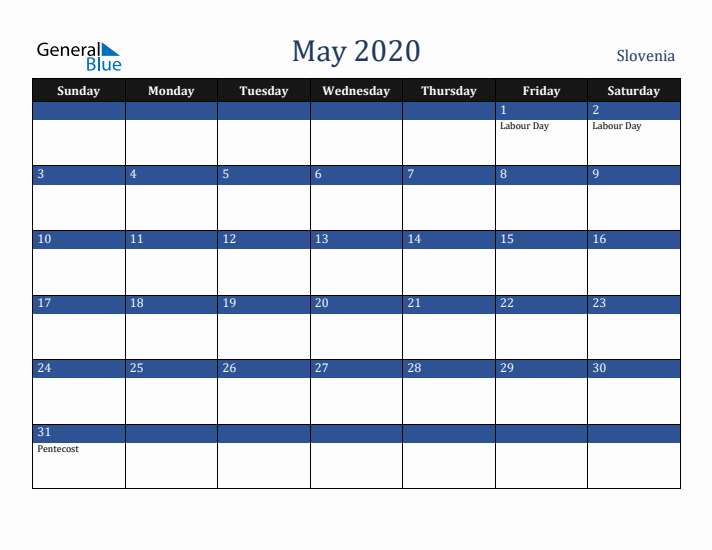 May 2020 Slovenia Calendar (Sunday Start)