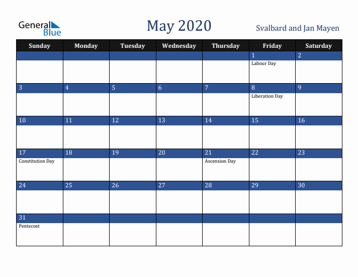 May 2020 Svalbard and Jan Mayen Calendar (Sunday Start)