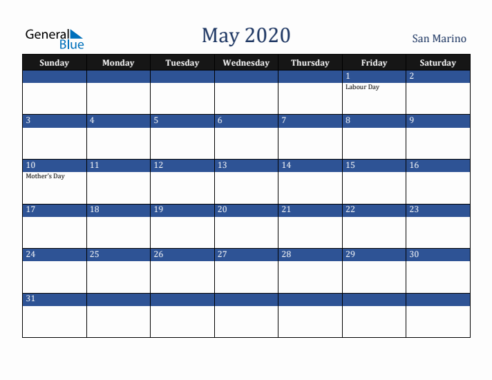 May 2020 San Marino Calendar (Sunday Start)