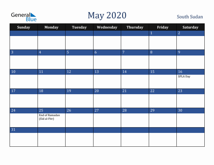 May 2020 South Sudan Calendar (Sunday Start)