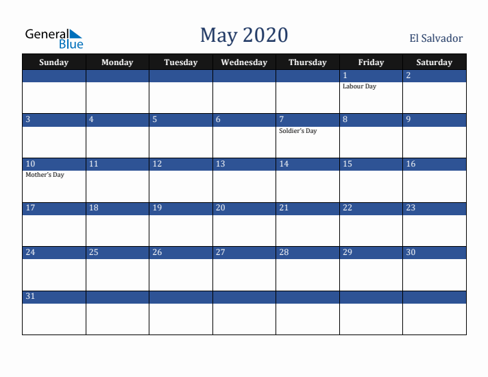 May 2020 El Salvador Calendar (Sunday Start)