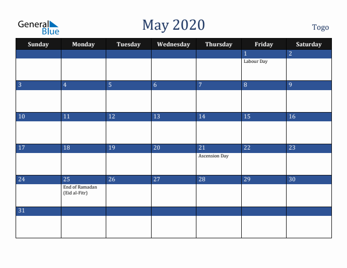 May 2020 Togo Calendar (Sunday Start)