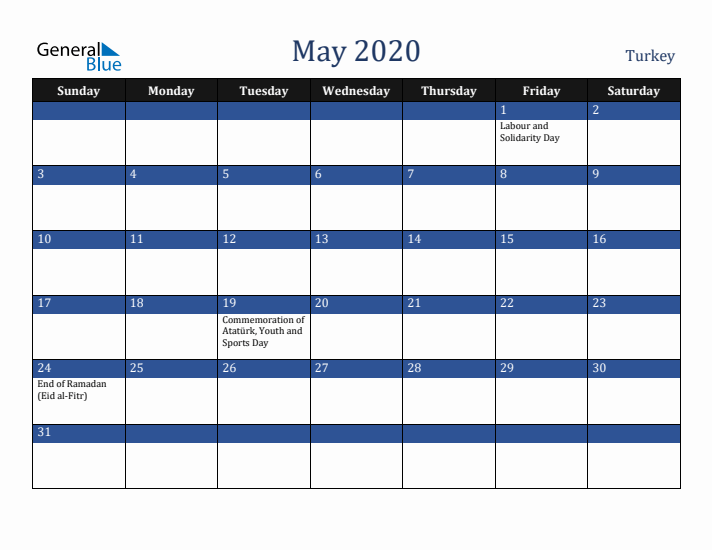 May 2020 Turkey Calendar (Sunday Start)