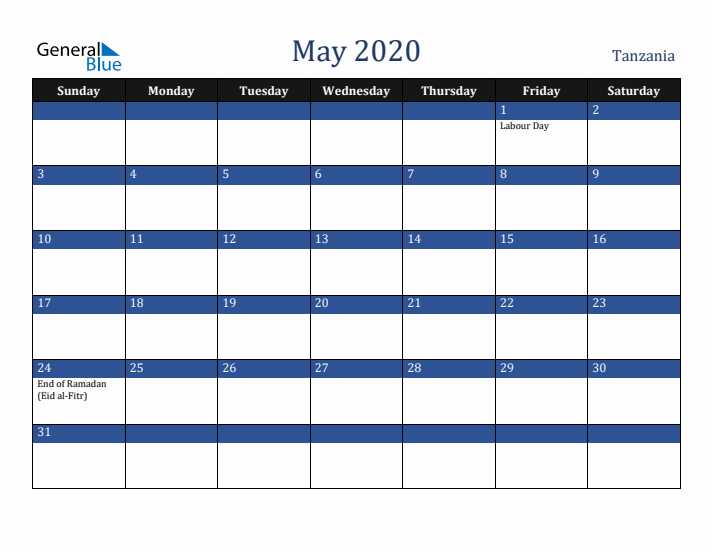 May 2020 Tanzania Calendar (Sunday Start)