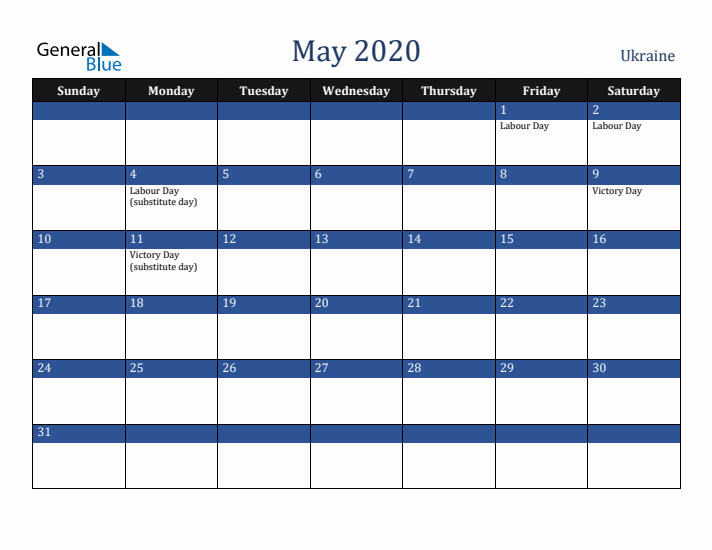 May 2020 Ukraine Calendar (Sunday Start)