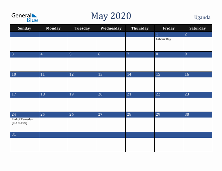 May 2020 Uganda Calendar (Sunday Start)