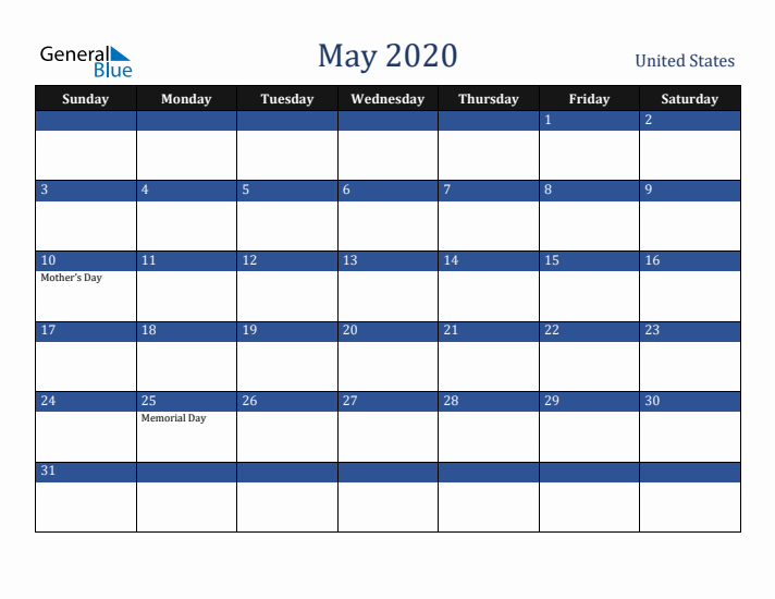 May 2020 United States Calendar (Sunday Start)
