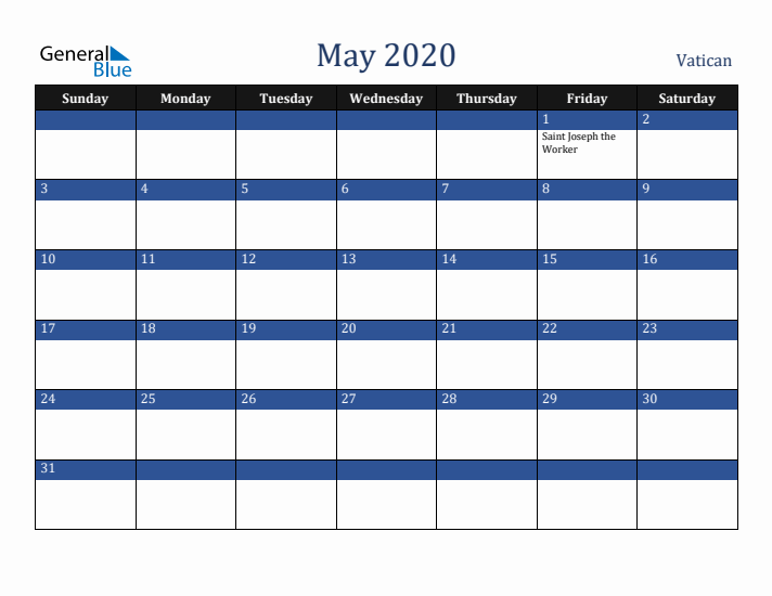 May 2020 Vatican Calendar (Sunday Start)