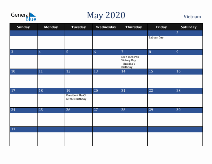 May 2020 Vietnam Calendar (Sunday Start)