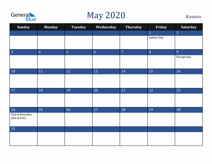 May 2020 Kosovo Calendar (Sunday Start)