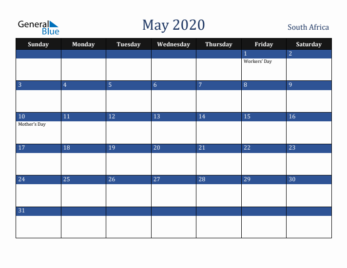 May 2020 South Africa Calendar (Sunday Start)