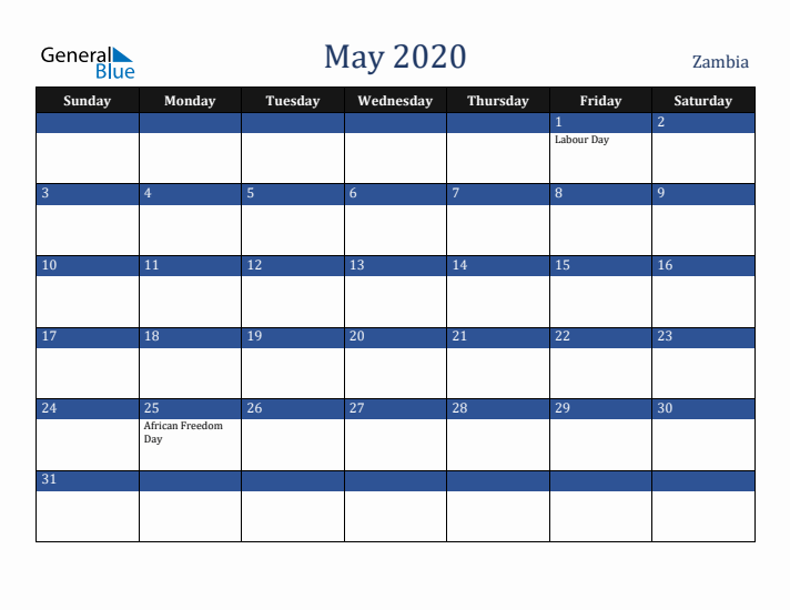 May 2020 Zambia Calendar (Sunday Start)