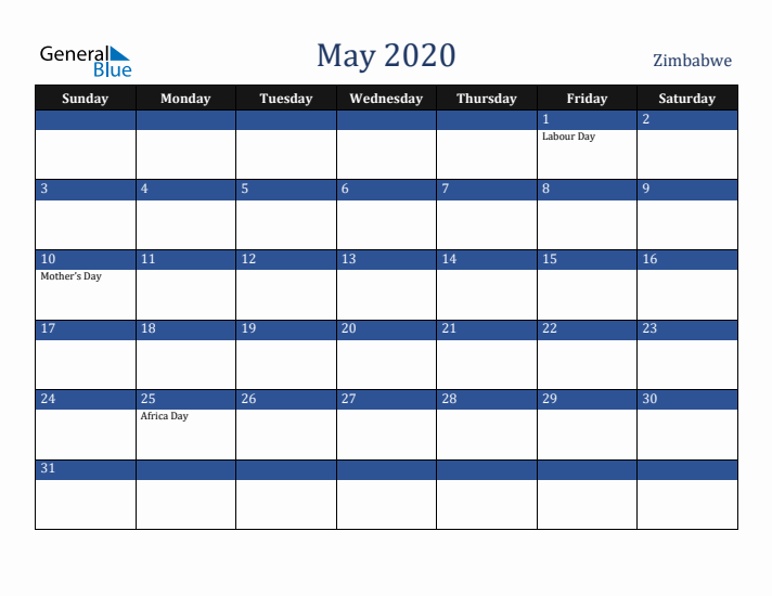 May 2020 Zimbabwe Calendar (Sunday Start)