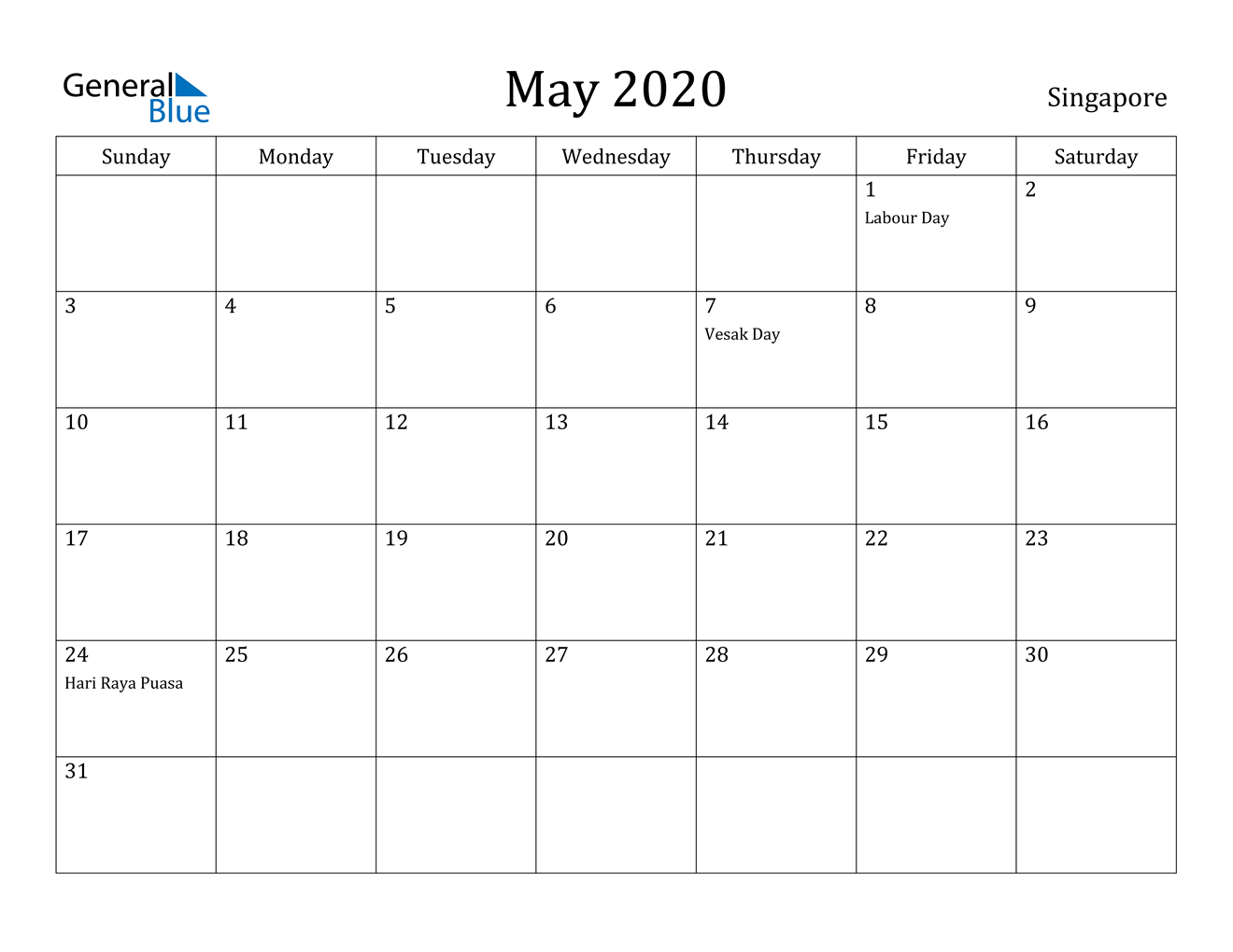 May 2020 Calendar - Singapore