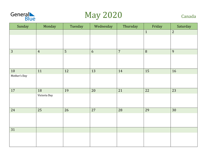 Download May 2020 Calendar Canada Printable Pics