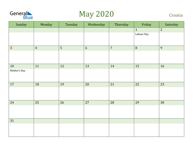 May 2020 Calendar with Croatia Holidays