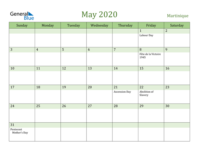 May 2020 Calendar with Martinique Holidays