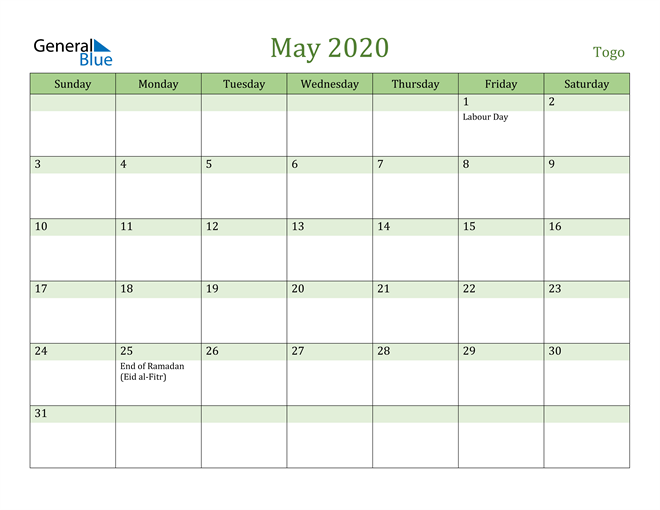 May 2020 Calendar with Togo Holidays