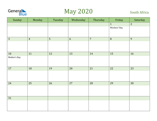 May 2020 Calendar with South Africa Holidays