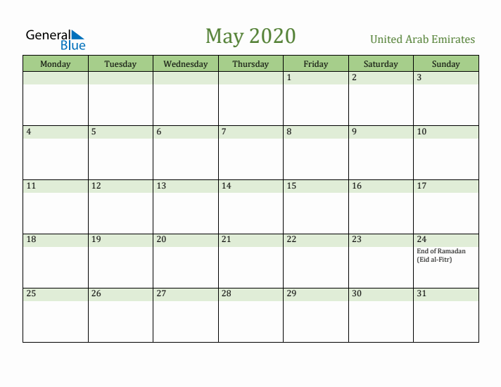 May 2020 Calendar with United Arab Emirates Holidays