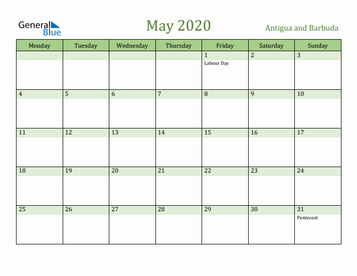 May 2020 Calendar with Antigua and Barbuda Holidays