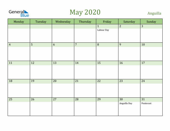 May 2020 Calendar with Anguilla Holidays