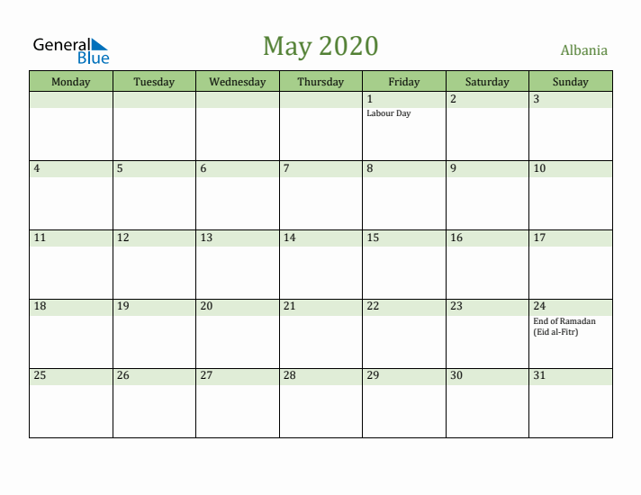 May 2020 Calendar with Albania Holidays