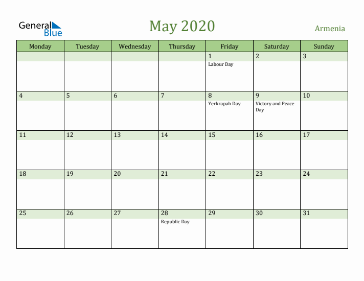 May 2020 Calendar with Armenia Holidays