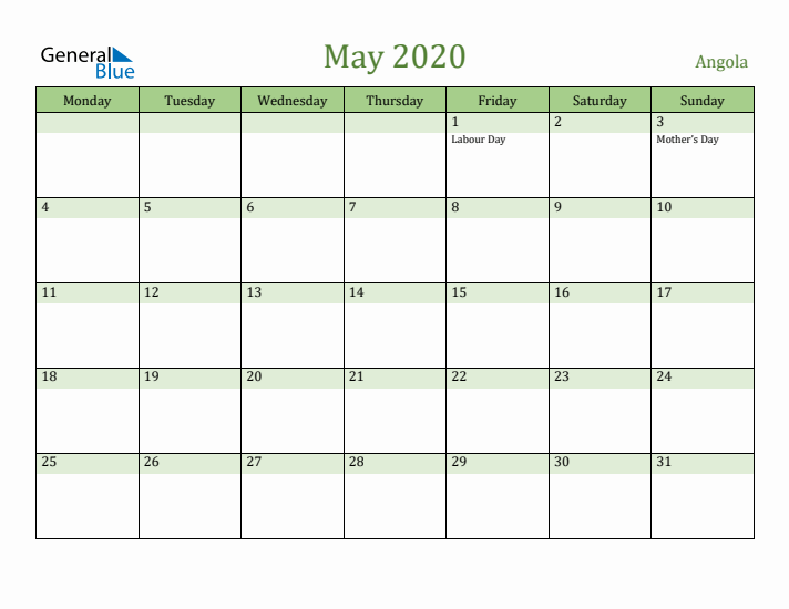 May 2020 Calendar with Angola Holidays