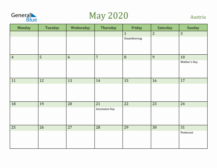 May 2020 Calendar with Austria Holidays