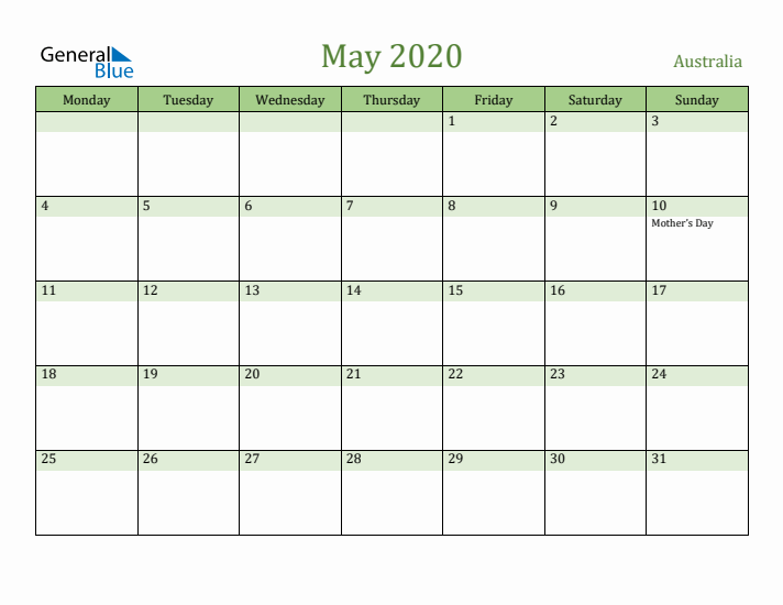 May 2020 Calendar with Australia Holidays